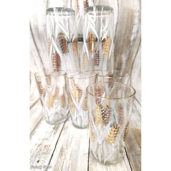 Homer Laughlin Vintage Wheat Pattern Drinking Glasses Set of 7 Gold Rim Mid Cent - Picture 5 of 5